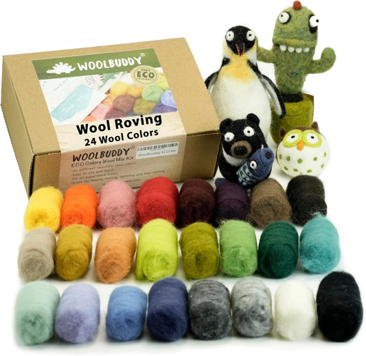 Woolbuddy Wool Roving Kit – 24 Assorted Corriedale Colors with Felting Guide – Clean, Carded Core Wool for Needle & Wet Felting – Craft Supplies for All Levels
