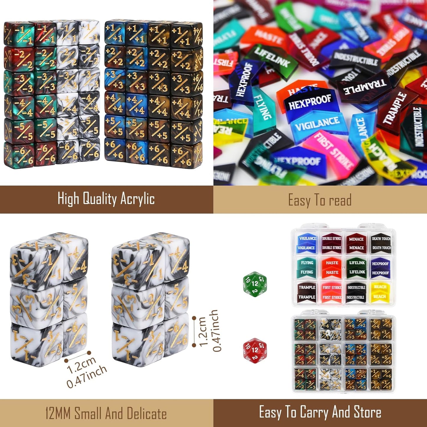 110PCS MTG Tokens & 12mm Magic Counter +1/+1 MTG Dice Set, Buff Ability Keywords Tokens Life Counters 6 Sided Dice, Compatible with Magic The Gatering CCG TCG Magic Card Game Accessories