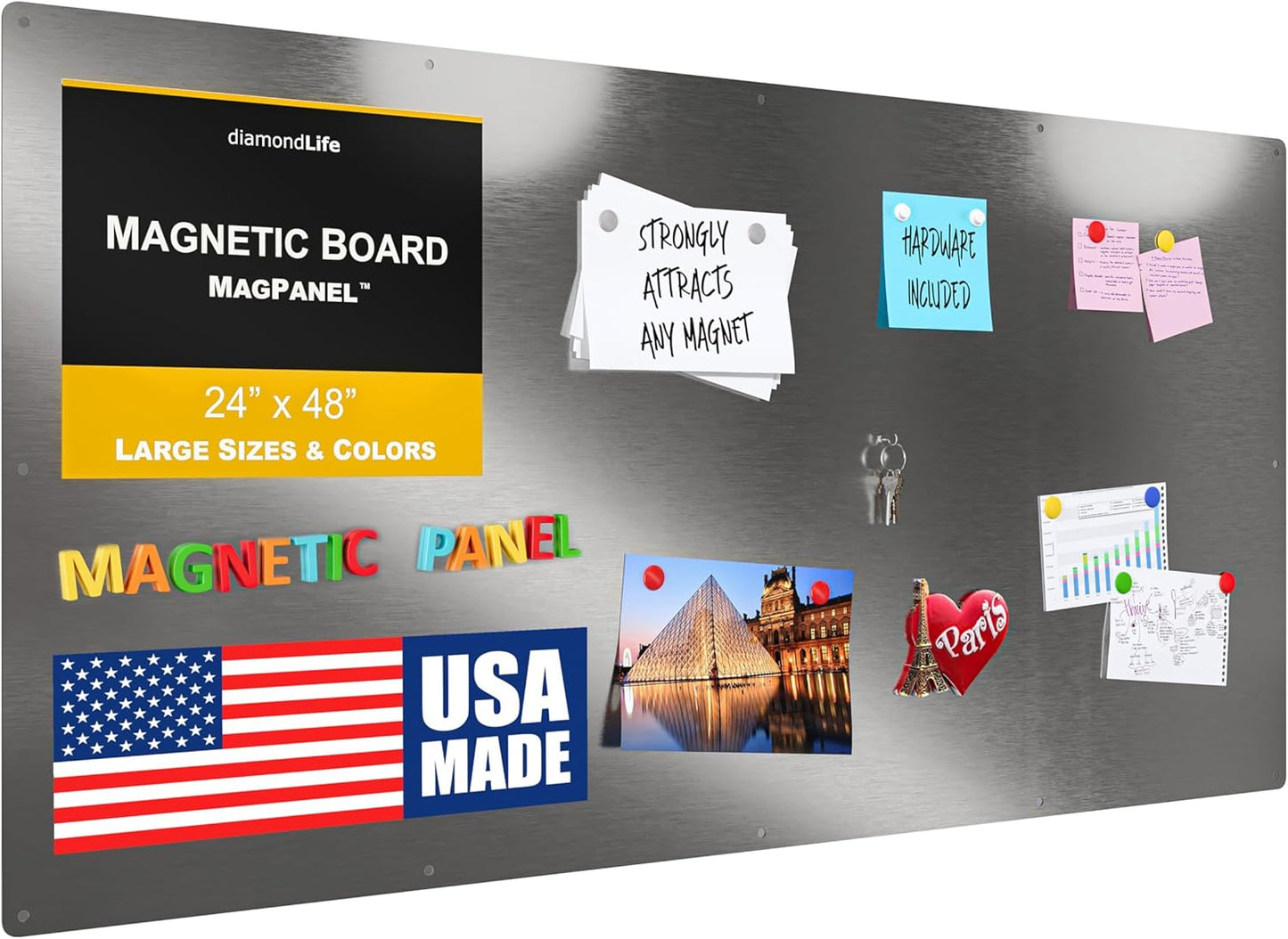 Diamond Life Magnetic Board - Memo & Vision Board for Home, School & Office - Magnet Board for Kids - Pre-drilled Mounting Screws Included (Stainless Steel 24"x48")