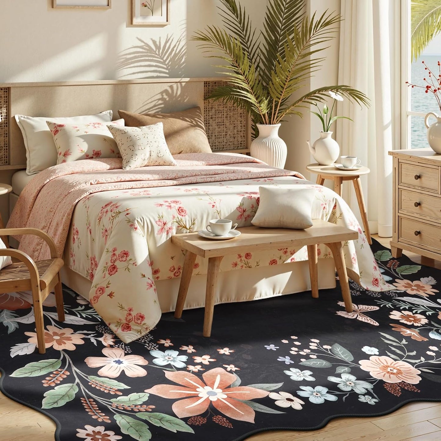 Beeiva 6x9 Rug for Living Room - Scalloped Floral Printed Bedroom Rug Machine Washable Area Rug Soft Area Rug Boho Ultra-Thin Stain Resistant Aesthetic Carpet for Playroom Dorm Office(Black,6x9ft)