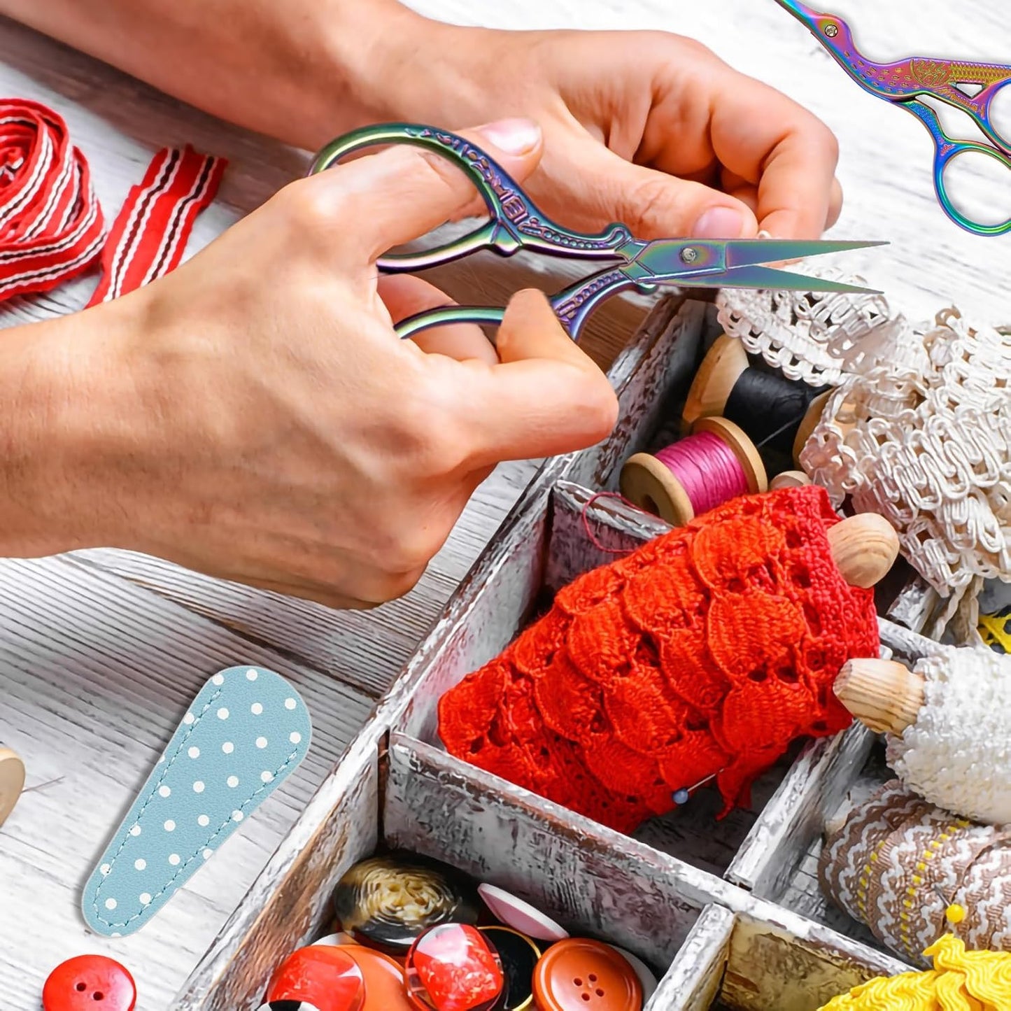 BIHRTC Rainbow Embroidery Small Precision Stainless Steel Scissors with Leather Cover DIY Tools Shears for Crochet Sewing Crafting Art Work Threading Needlework Knitting