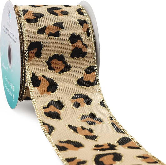 CT CRAFT LLC Burlap Leopard Fabric Wired Ribbon 2.5" x 10 Yards Natural with Black and Bronze Color for Christmas Home Wedding Decor Gift Wrapping Tree Topper Bow Wreath Bouquet DIY Crafts
