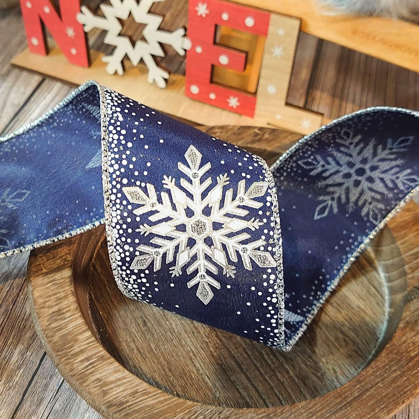 CT CRAFT LLC Navy Satin with Silver Snowflake Wired Ribbon 2.5 Inch x 10 Yards for Christmas Home Decor Tree Topper Bow Gift Wrapping DIY Crafts Wreath Garland