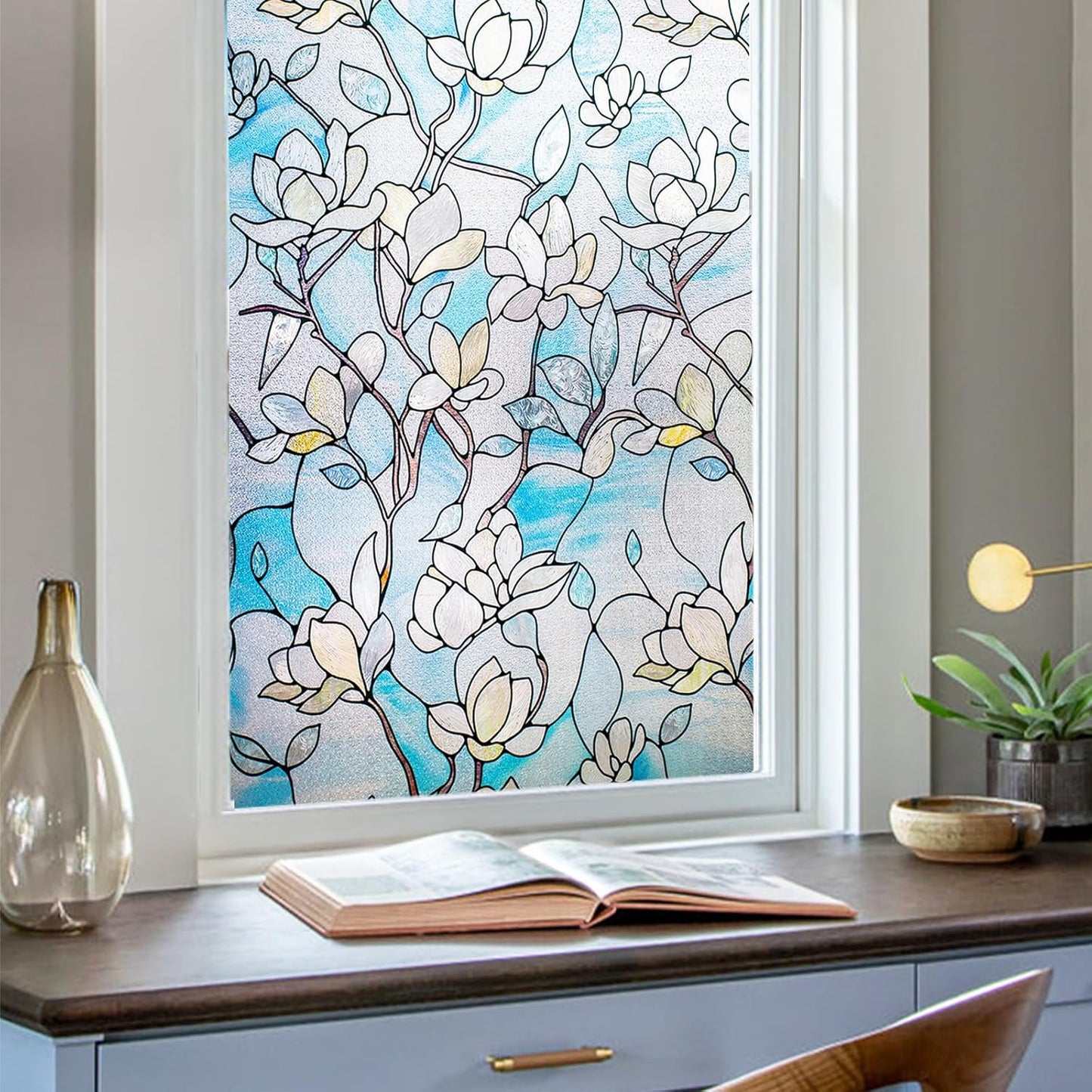 3D Stained Glass Window Privacy Film, Heat Control UV Blocking Static Cling Decorative Window Film for Bathroom,Front Door,Home Non Adhesive,23.6 x 39.3 inches Magnolia