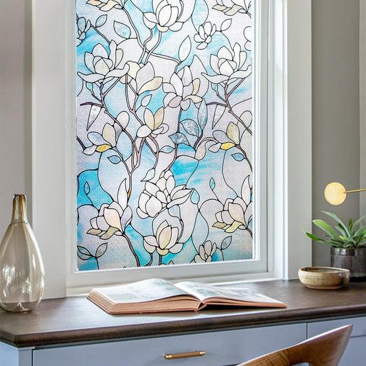 3D Stained Glass Window Privacy Film, Heat Control UV Blocking Static Cling Decorative Window Film for Bathroom,Front Door,Home Non Adhesive,23.6 x 39.3 inches Magnolia