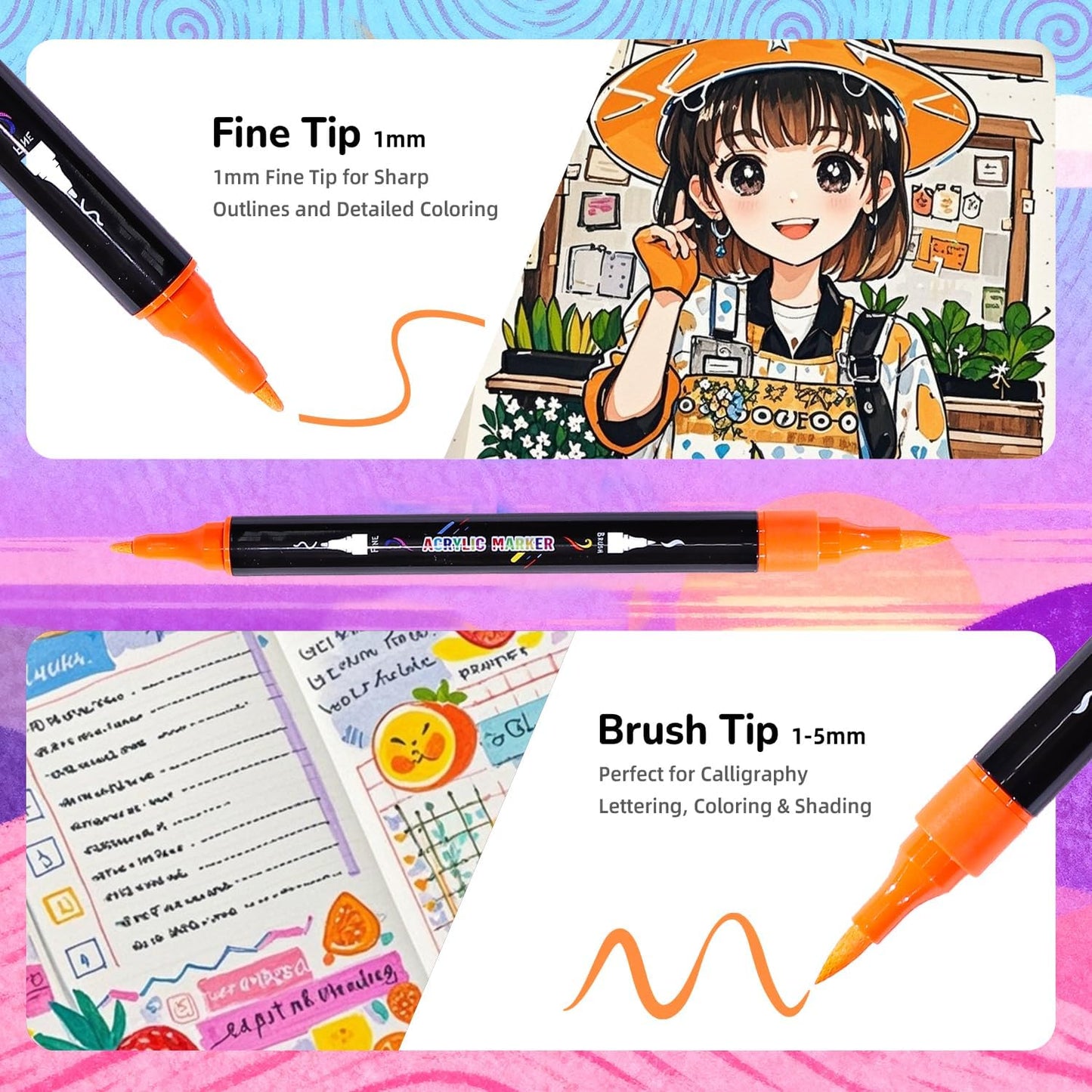 Acrylic Markers, 30 Dual-Tip Paint Pens for Rock Painting, Colouring Books, Mugs, Canvas Shoes, Metal, Scrapbooking - Quick Dry, Brush & Fine, Drawing Markers, Classrooms Must Have