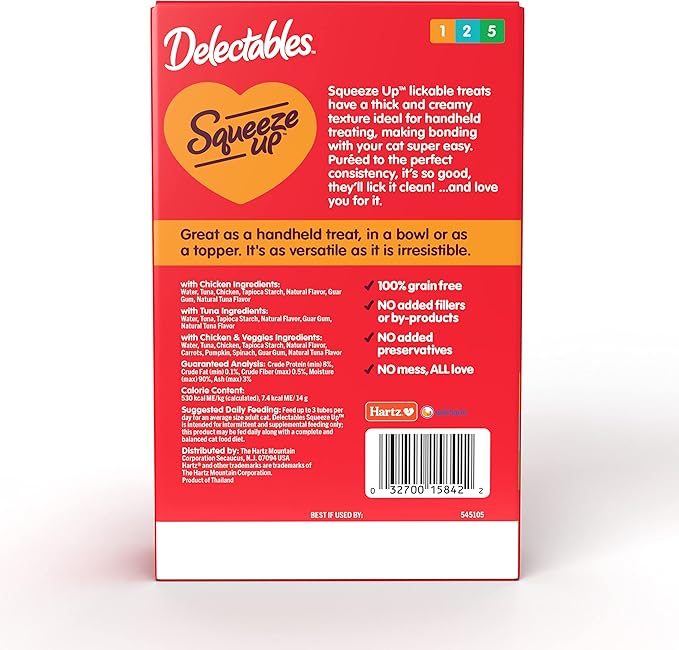 Hartz Delectables Squeeze Up Variety Pack, Creamy Squeezable Puree, Lickable Wet Cat Treats, Grain Free, No Added Fillers, No by-Products, No Added Preservatives, 0.5 Ounces Tube, 20 Tubes Total