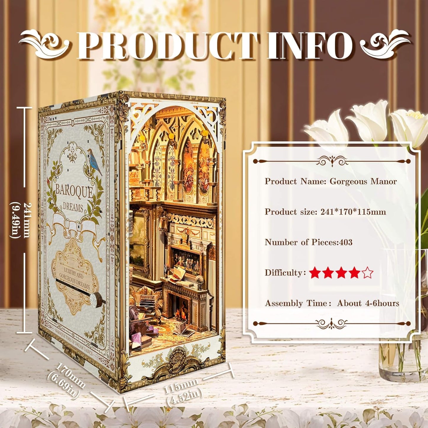 Book Nook Kit, DIY Miniature Dollhouse Kit Book Nook, 3D Wooden Puzzle Bookends for Bookshelf Insert Decor with LED Light for Teens and Adults (Baroque Dreams)