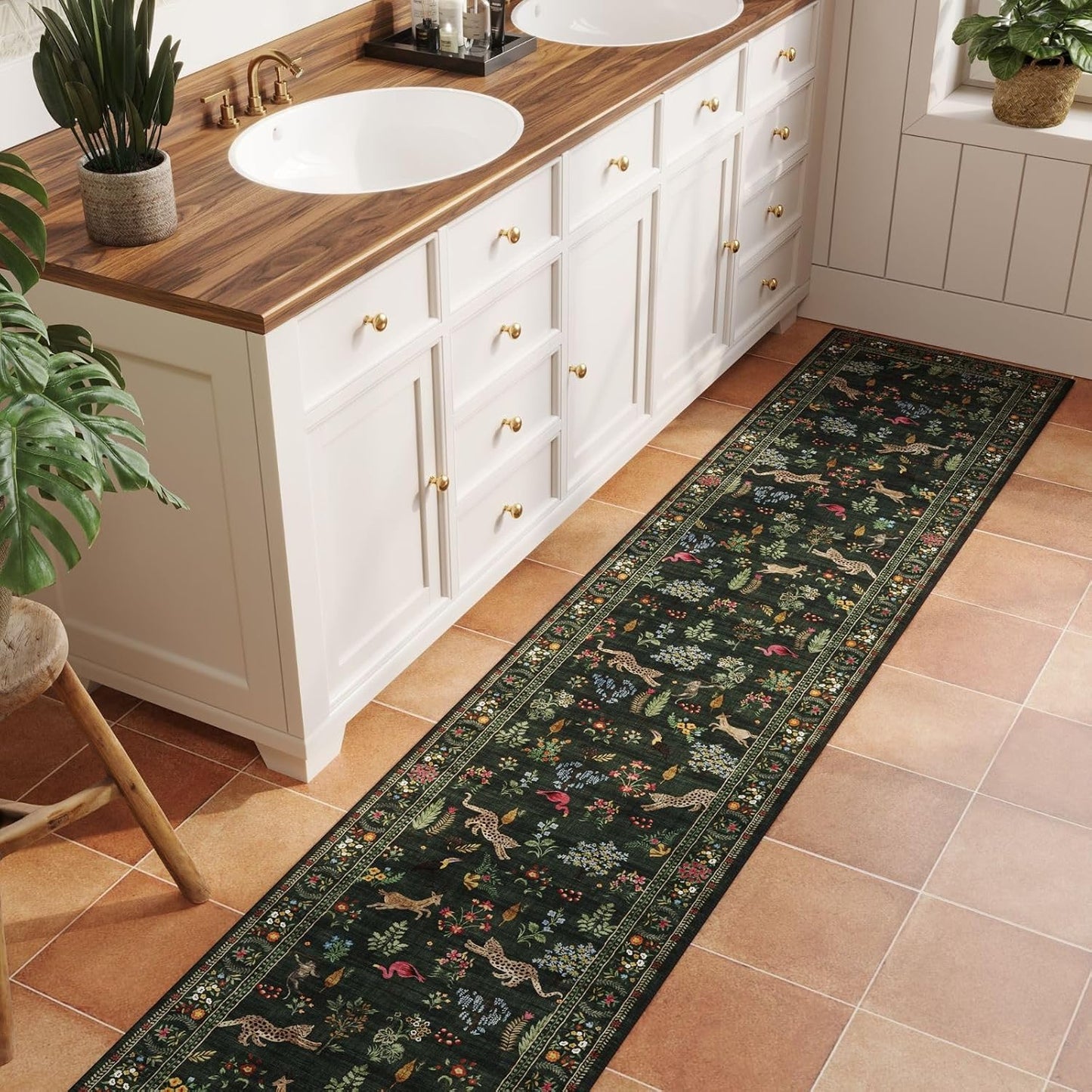 Rugcomf Runners for Kitchen Rug Non Slip 2'x10' Long Washable Rugs with Rubber Backing Soft Floral Animal Carpet Runner for Kitchen, Laundry, Bedroom, Bathroom (Green)