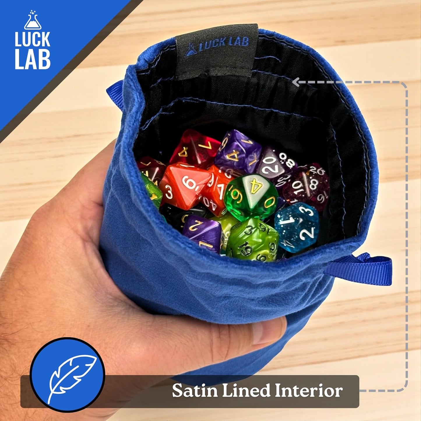 Luck Lab Velvet Drawstring Dice Bag - Set of Three Colors - Dungeons and Dragons Fabric/Standing Cotton Fabric Dice Bags/D&D Dice Pouch/Small Pouch/Velvet Jewelry Bag (Blue, Black, Grey)