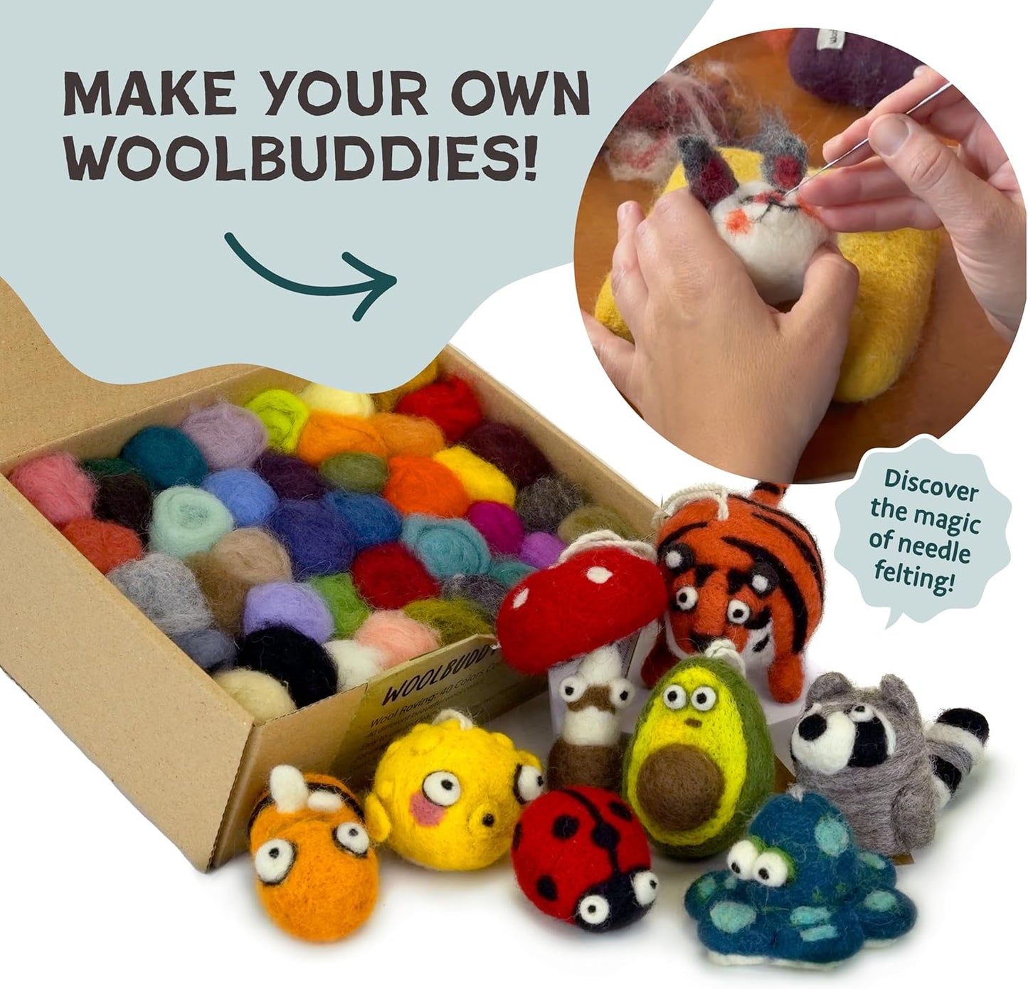 Woolbuddy Wool Roving– 60 Assorted Corriedale Colors for Needle Felting – Soft Multi-Color Wool Fiber for Wet & Dry Felting, DIY Felting Kit for Adults & Beginners