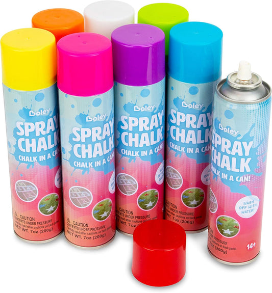 Boley Spray Chalk - 8 Pack Washable Sidewalk Chalk Spray Paint, 7 oz Each, Safe & Non-Toxic, Vibrant Colors for Outdoor Fun, Chalk for Asphalt, Grass, Snow, Sand, Concrete - Ages 14+