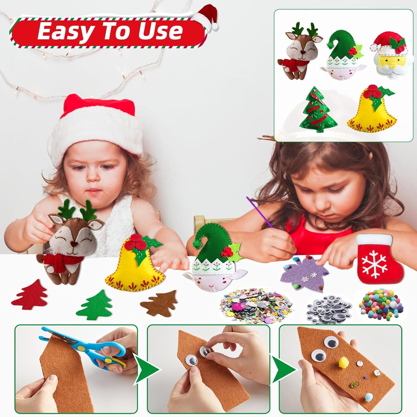 gisgfim 42Pcs Christmas Felt Fabric Sheets 8 x 12 Inch Red Green Black Assorted Soft Thick Felt Pack with Wiggle Google Eyes Pom Poms Glitter Patchwork Craft for DIY Sewing Creative Art Project Decor