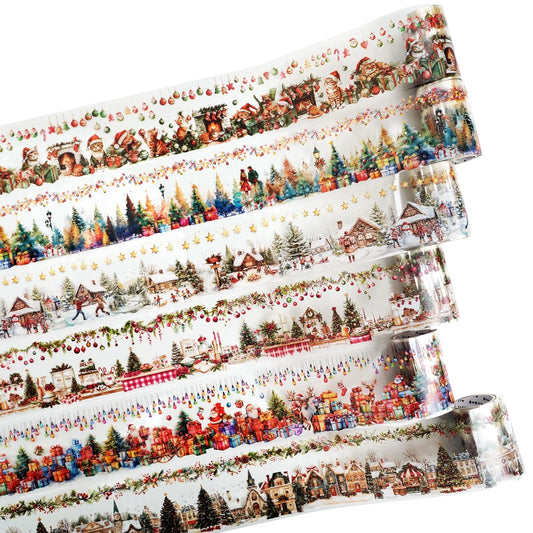 Christmas PET Tape Set - Seamless Loop Design with Snowy Villages, Festive Cats and Holiday Scenes, Includes Decorative Clip, Self-Adhesive Rolls for Scrapbook, Journal and DIY Decor