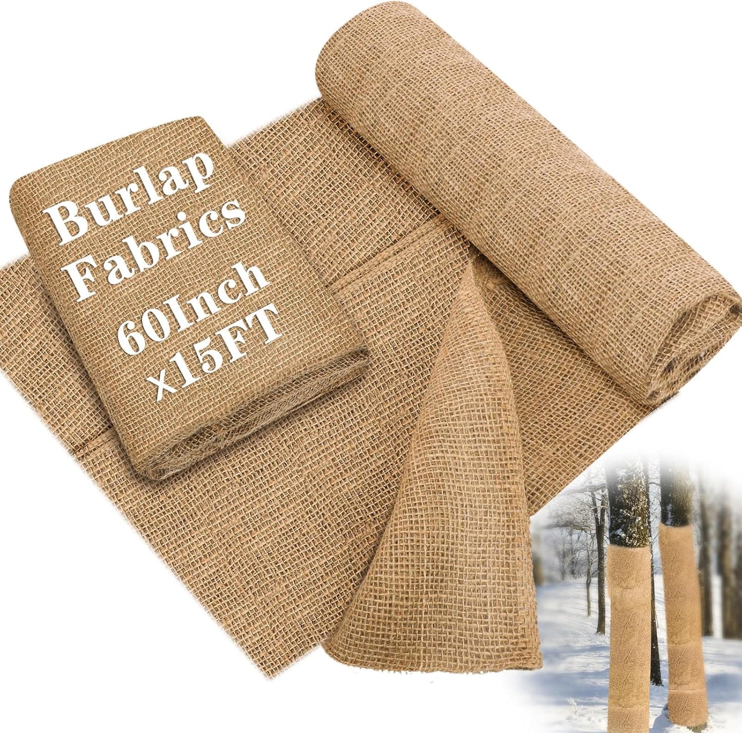 Buryeah 60 Inch x 15 ft Burlap Fabrics Roll Natural Jute Burlap Tree Wraps Protector Winter Frost Plant Blankets Cloth Weed Barrier Fabric Garden Plants for Winter Outdoor Trees Shrubs Party