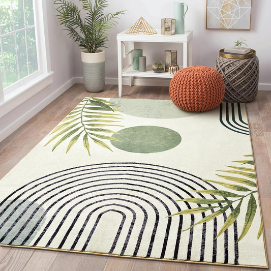 RoomTalks Boho Green Cute 3x5 Small Area Rugs Washable, Modern Abstract Geometric Shape with Tropical Leaves Non Slip Throw Rugs for Bedroom Kitchen Entryway Indoor Doormat Stain Resistant