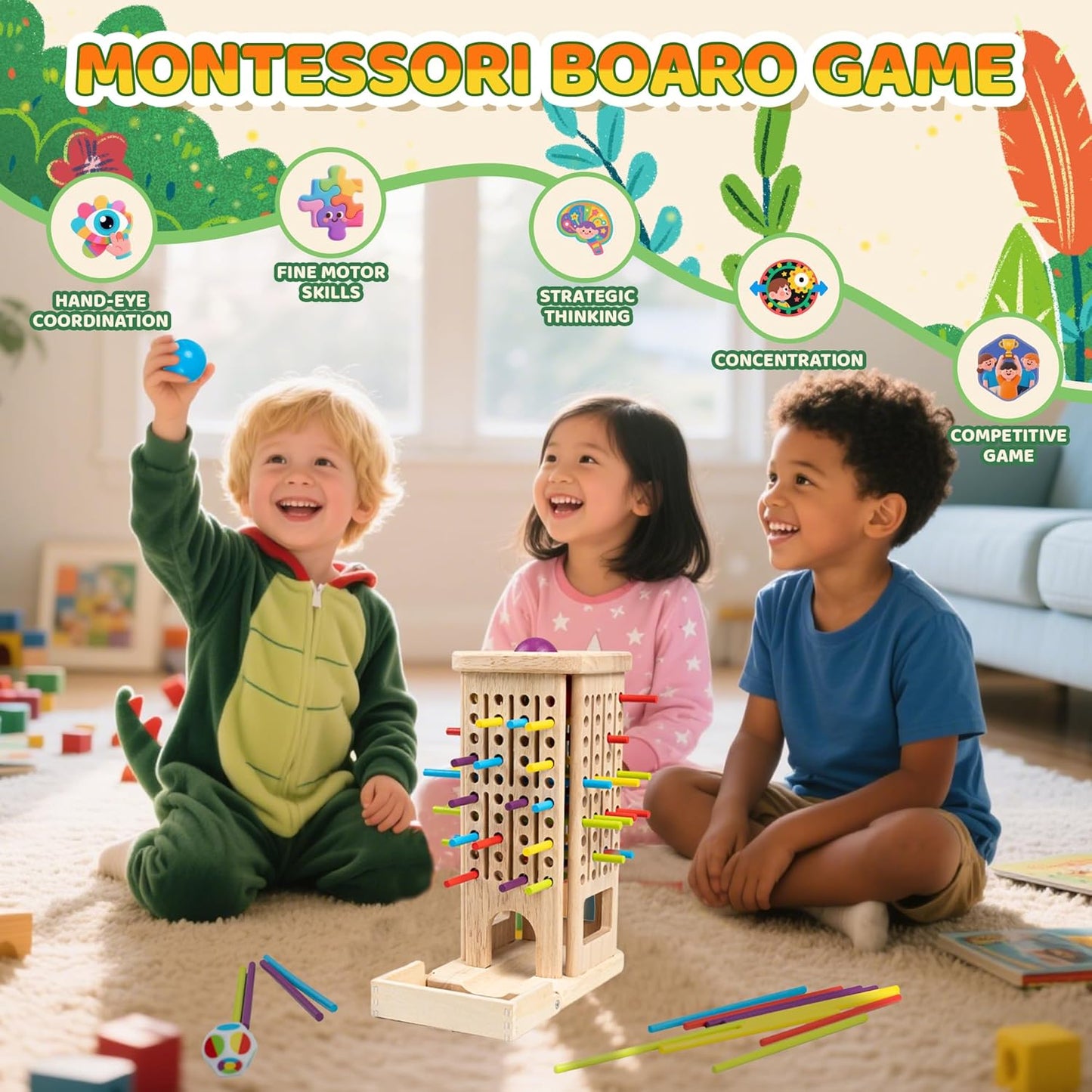 Montessori Wooden Board Games for Kids 3-8 Years,3 in 1 of Playing,Math Counting, Fine Motor Skills Toy,Family Travel Game，Educational Gift for Boys and Girls
