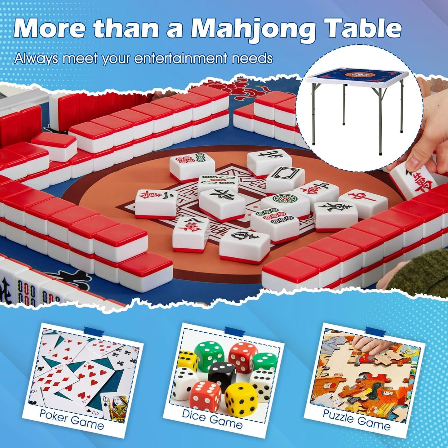 Giantex Folding Mahjong Table, 35" Square Card Table with Cup Holders, Removable Noise Reduction Mat, HDPE Tabletop, 4-Player Portable Domino Tables for Poker Blackjack Board Game (Navy)