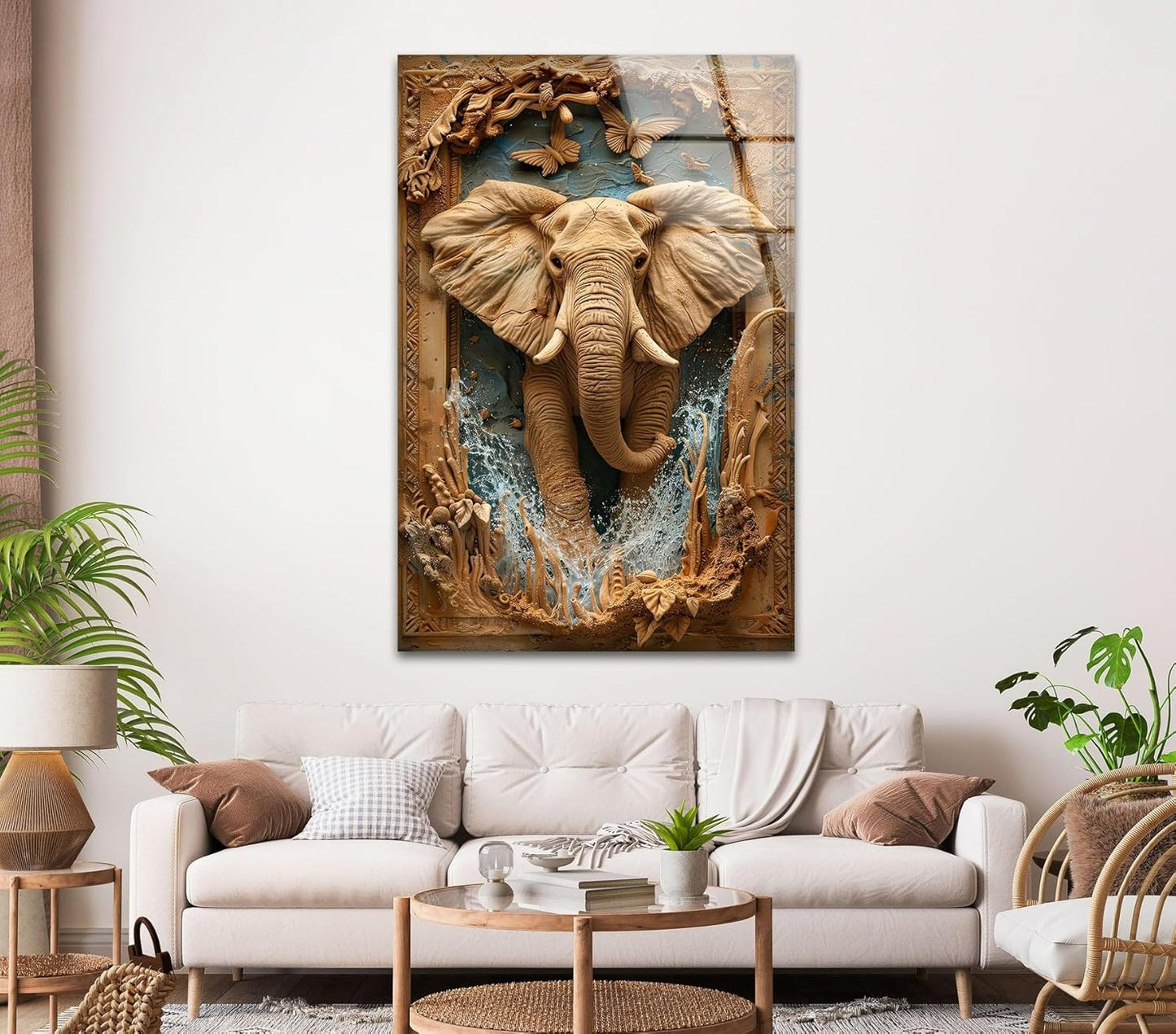 My Photostation.com 24Wx30H'' Elephant Carving Glass Wall Art Tempered Glass Printing Wall Decor Large Wall Art Wall Hangings