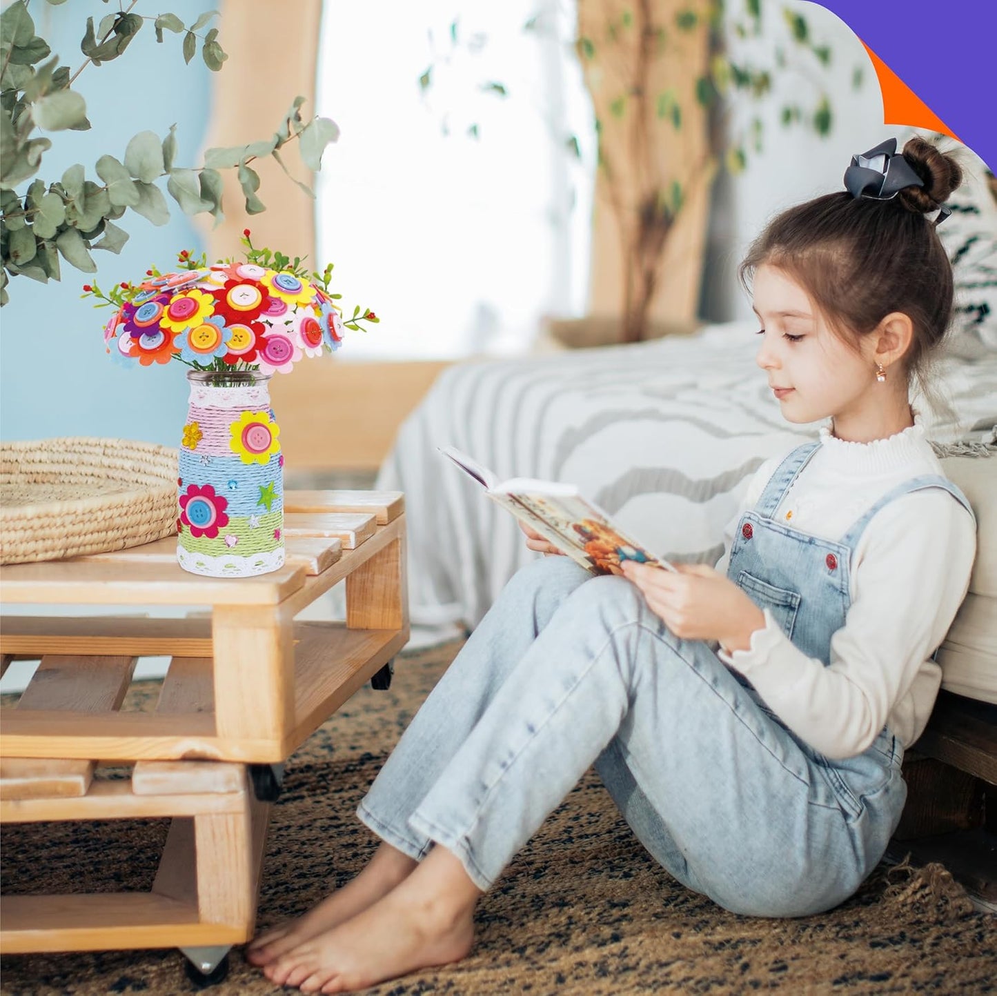 SpriteGru Flower Craft Kit for Kids, Make Your Own Flower Bouquet with Buttons and Colorful Petals, Art Vase and Craft DIY Activity Gift for Boys & Girls Age 4 5 6 7 8 9 10 Year Old (2 Glass Vase)