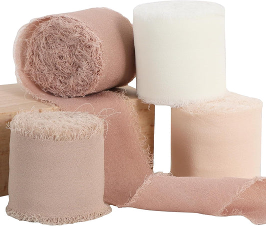 TONIFUL 4 Rolls Silk Chiffon Ribbon, 1-1/2 Inch x 22yds, Beige and Cream Chiffon Ribbons Set, Handmade Fringe Silk Ribbon for Gift Wrapping Bridal Bouquets Wedding Invitations Decoration Crafts