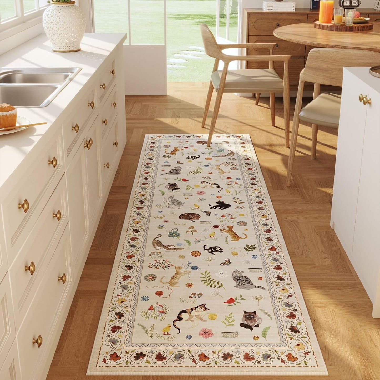 Rugcomf Runner Rug for Kitchen Non Slip 2'x6' Washable Rugs with Rubber Backing Soft Floral Animal Cat Carpet for Kitchen Laundry Bedroom Bathroom, Beige