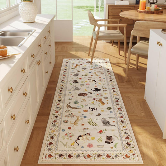 Rugcomf Runner Rug for Kitchen Non Slip 2'6''x8' Washable Rugs with Rubber Backing Soft Floral Animal Cat Carpet Runner for Kitchen Laundry Bedroom Bathroom, Beige