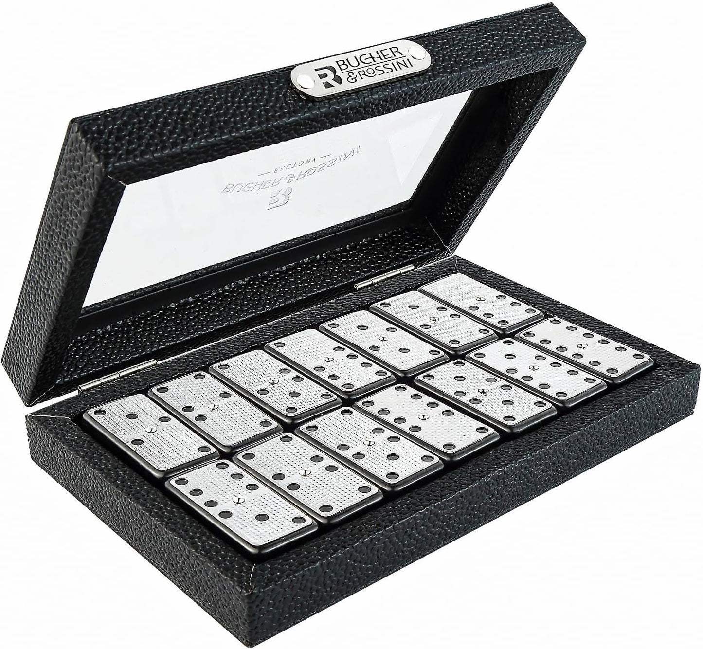 Bucher&Rossini Metal Surface Dominoes Set Double 6 - Classic Black Domino's Game Set with Silver Metal Surface for Adults and Kids Ideal Gift for Domino Players or Family Game Night