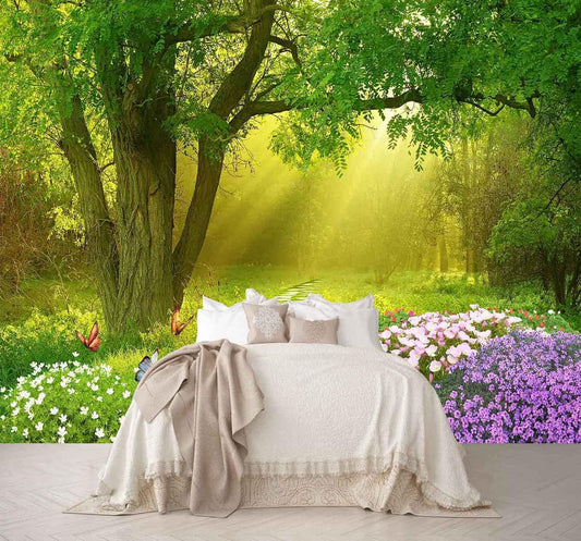 Forest Wallpaper Flower and Road in Forest Wall Mural for Bedroom Living Room TV Background Sofa Wall（Not Peel and Stick）