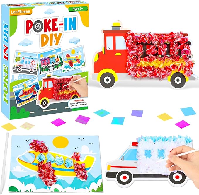 8PCS Poke-in Craft and Art Kit Transportation Vehicle Theme No-Mess Fabric Sewing Art Puzzle Puncture Painting Truck Car Toy Gift Creative Activity Game Birthday Party