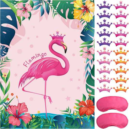 ASTARON Pin The Crown on The Flamingo, Flamingo Theme Party Game with 24 Crown Stickers for Birthday Party and Hawaiian Luau Tiki Party Supplies