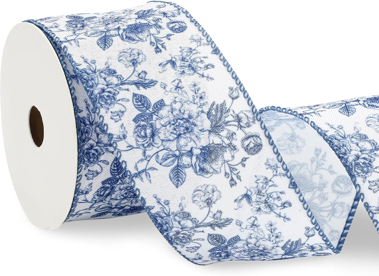 Generic AnyDesign Floral Wired Edge Ribbon Blue Flower Craft Ribbon Chinoiserie Decorative Fabric Ribbon for DIY Crafts Wreath Bow Making, 12 Yards