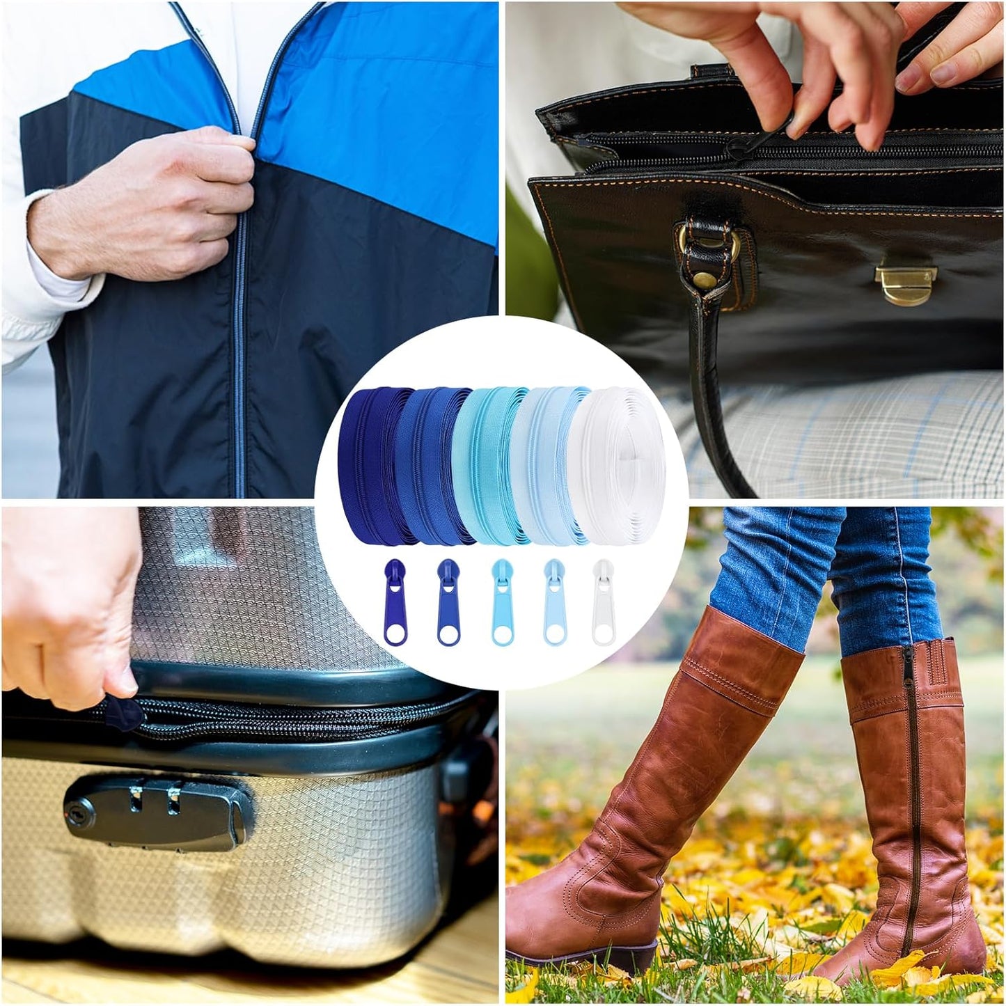 DOITEM 15.3 Yards/ 14 m 5 Pieces Assorted Colors #3 Nylon Coil Zippers, Sewing Zippers Endless Zips with 20 Pieces Zipper Sliders Zip Heads for DIY Sewing Tailor Craft Supplies (Blue White)