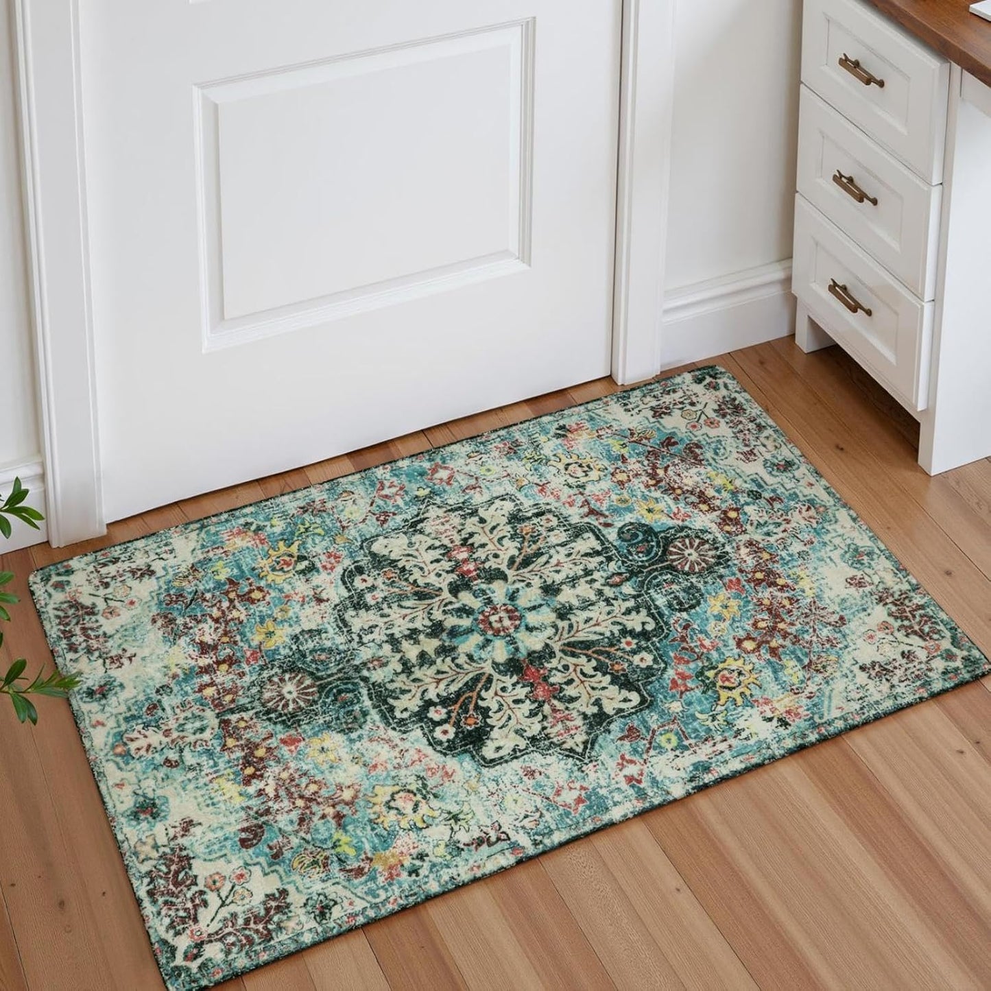 Lahome Boho Bohemian Area Rug - 2x3 Small Washable Bathroom Entryway Kitchen Rug,Floral Medallion Non Slip Pet Friendly Vintage Throw Carpet for Indoor Front Door Sink Living Room Bedroom,Teal