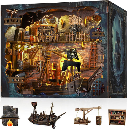 Book Nook Pirate Kit - DIY Miniature House Kit for Adults, Teens, Dollhouse Booknook Bookshelf Insert Decor with LED Light, 3D Wooden Puzzle Gifts for Family, Friends