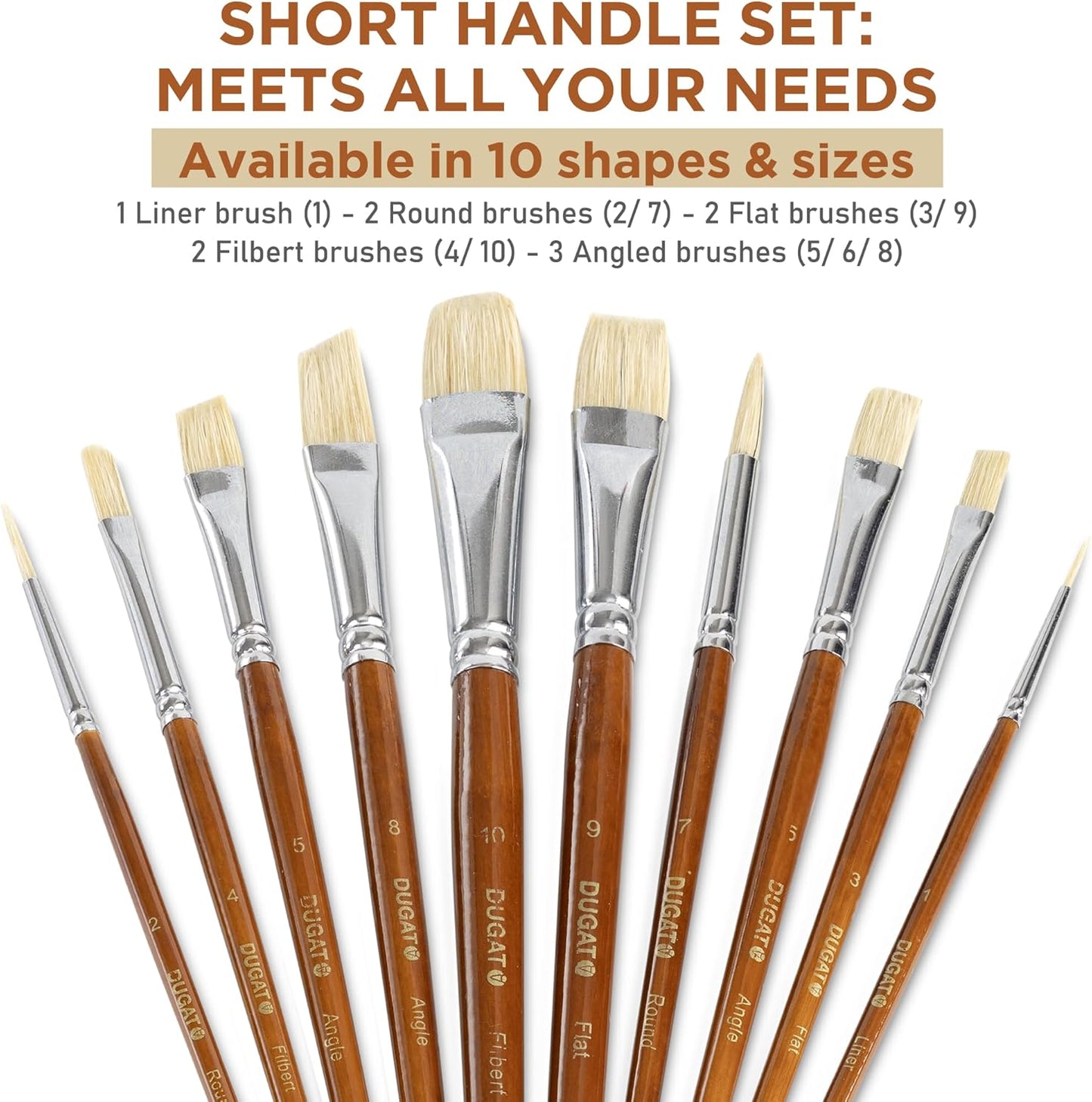 10pcs Short Handle White Hog Hair Artist Paint Brush Set by DUGATO Perfect for Acrylic Oil Gouache Watercolor, Painting Brushes Kit for Kids, Adults Fabulous for Canvas & Fabric