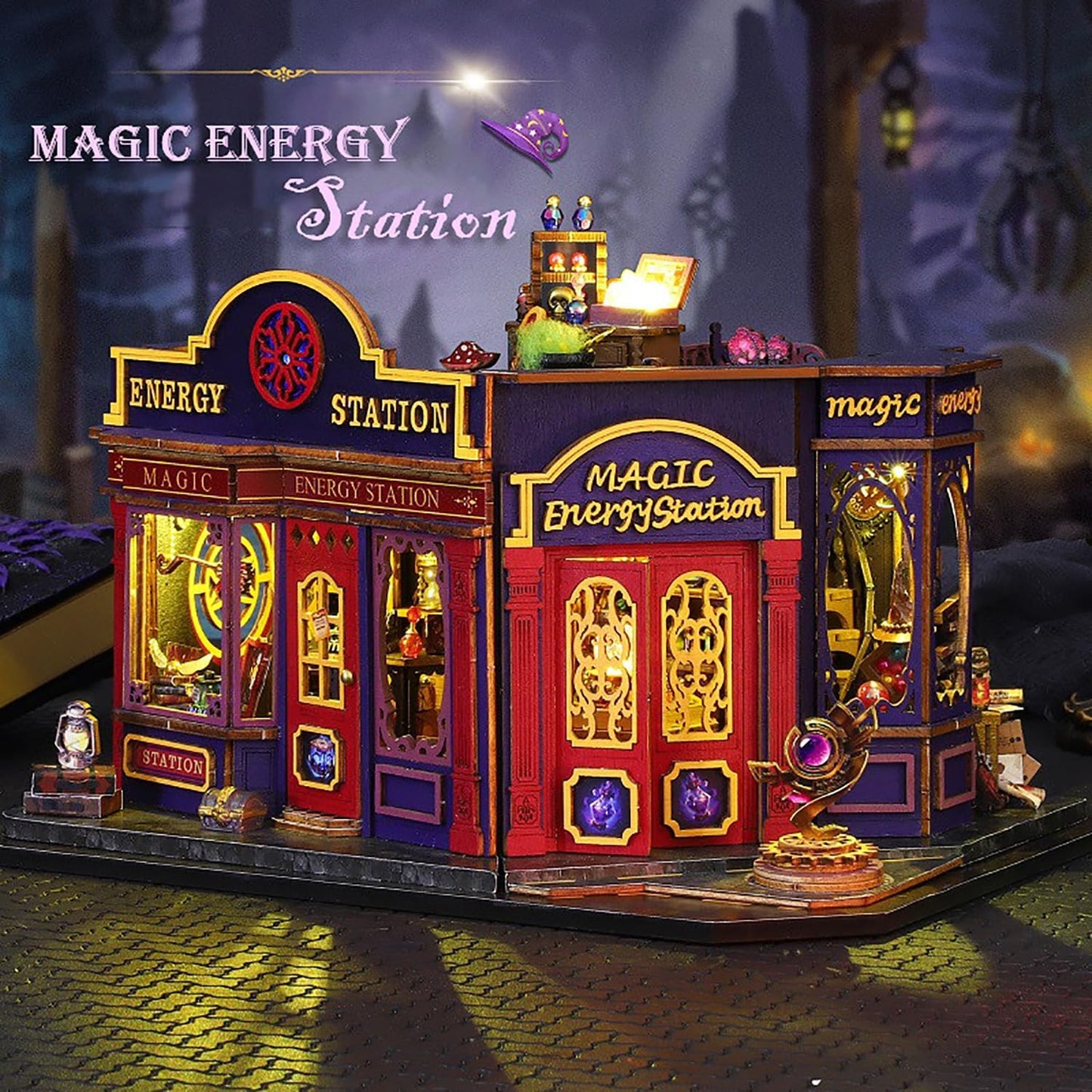 DIY Book Nook Kit - DIY Miniature Dolls House Kit with Furniture and LED Light, 3D Puzzle Wooden Art Bookends, Model Kits for Adults to Build (Magic Energy Station)