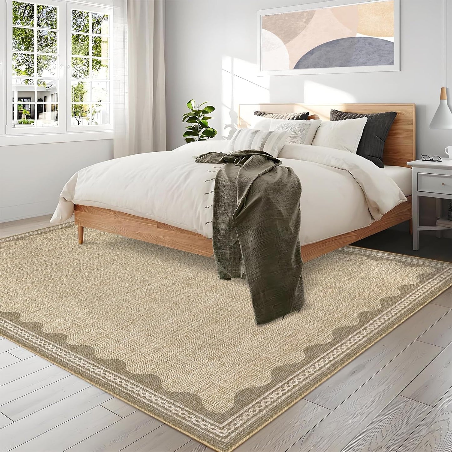 Scalloped Washable Rug 9x12 Area Rugs for Living Room, Solid Tan Rug for Bedroom Girls, Non Slip Throw Mat with Rubber Back, Soft Dorm Nursery 9x12 Carpet for Dining Room