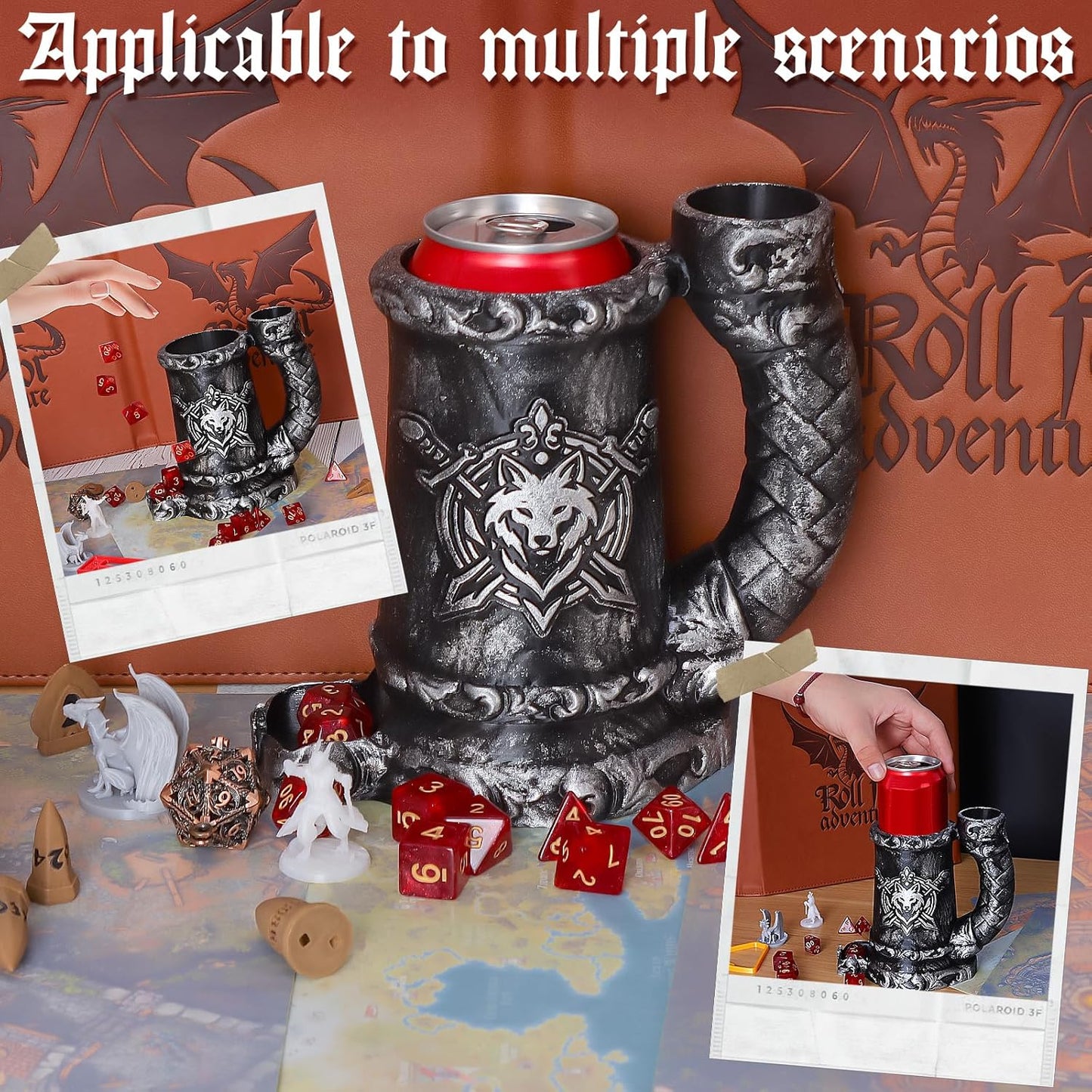 Mug Dice Tower - Dice Rolling Tower,(7PCS D20 Dice Set Included) for DND Gift and Dungeons and Dragon, Tabletop Games, Drink Holder, Tavern Style Board Game Roller (Black)