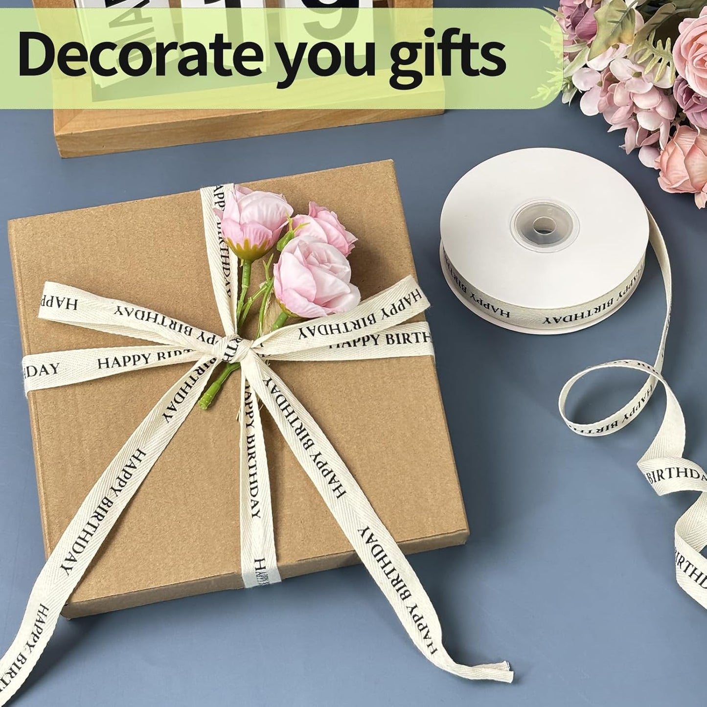 Cotton Herringbone Ribbon - Natural Twill Tape for Custom Gift Wrapping & DIY Crafts-5/8 Inch x 15 Yards - Happy Birthday Printed Phrase