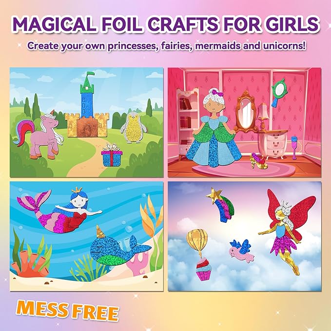 ATFUNSHOP Magical Foil Art Princesses Unicorn Mermaid & Fairy - No Mess Foil Craft Kit for Kids Ages 4 5 6 7 8 9 Fun Creative DIY Activity, Ideal Birthday Gift for Girls