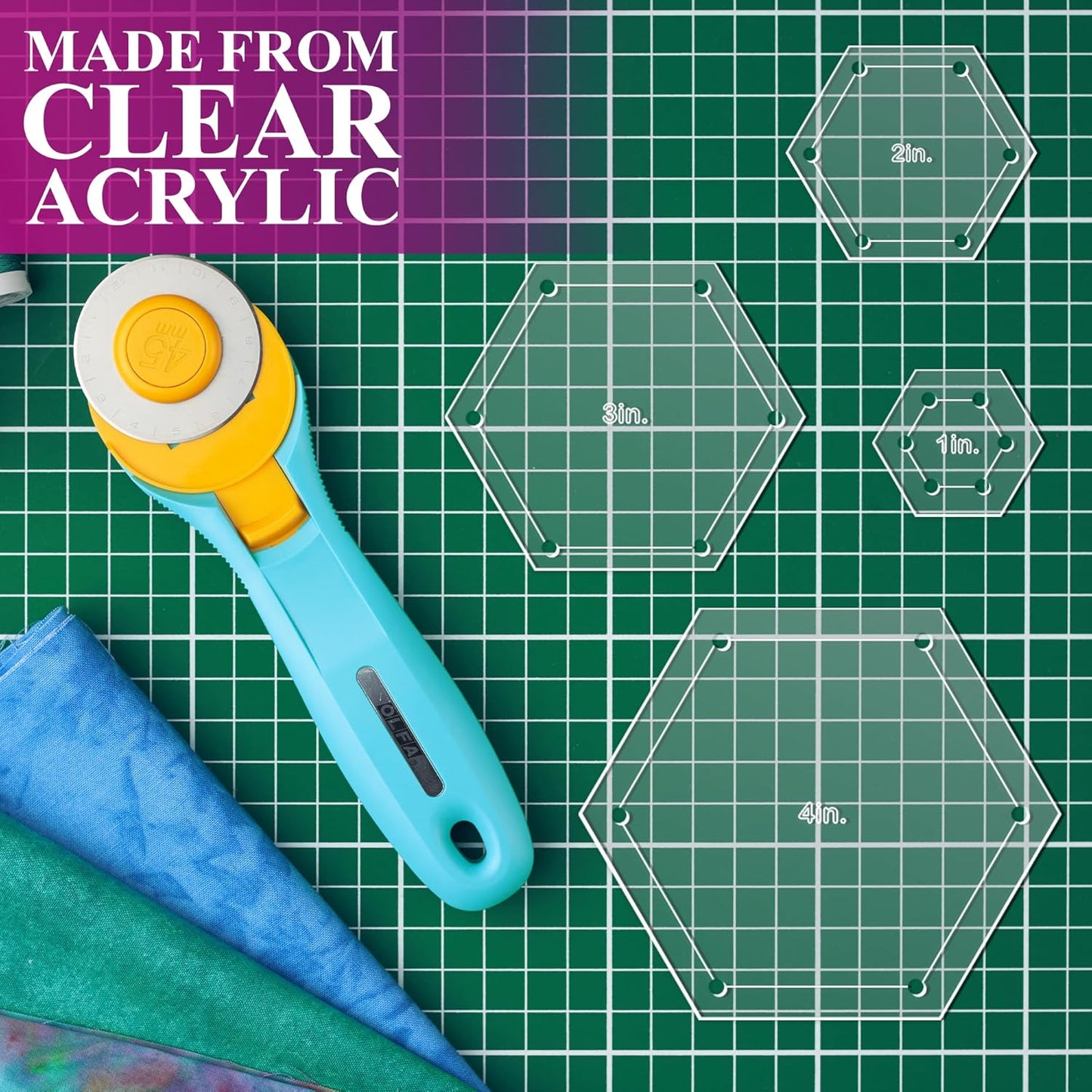 Hexagon Quilting Template Set - 4", 3", 2", 1" Sizes with 1/4" Seam Allowance - Durable Acrylic Templates for Quilting, Patchwork, Crafting, & Sewing Projects - Clear Templates for Accuracy