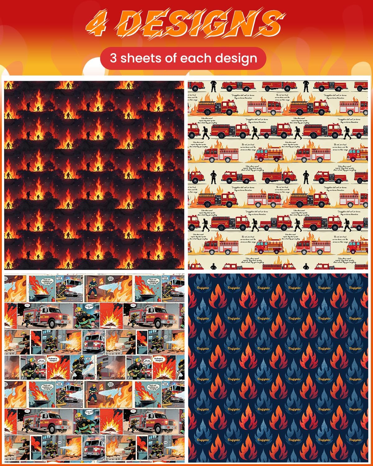 Pineraap 12 Sheets Firefighter Themed Wrapping Paper, Fire Safety Gift Wrap for Firefighter, Folded Flat Art Paper for Birthday Parties, Fireman Theme Favors, Thank You & Appreciation,19.7 x 27.6 Inch