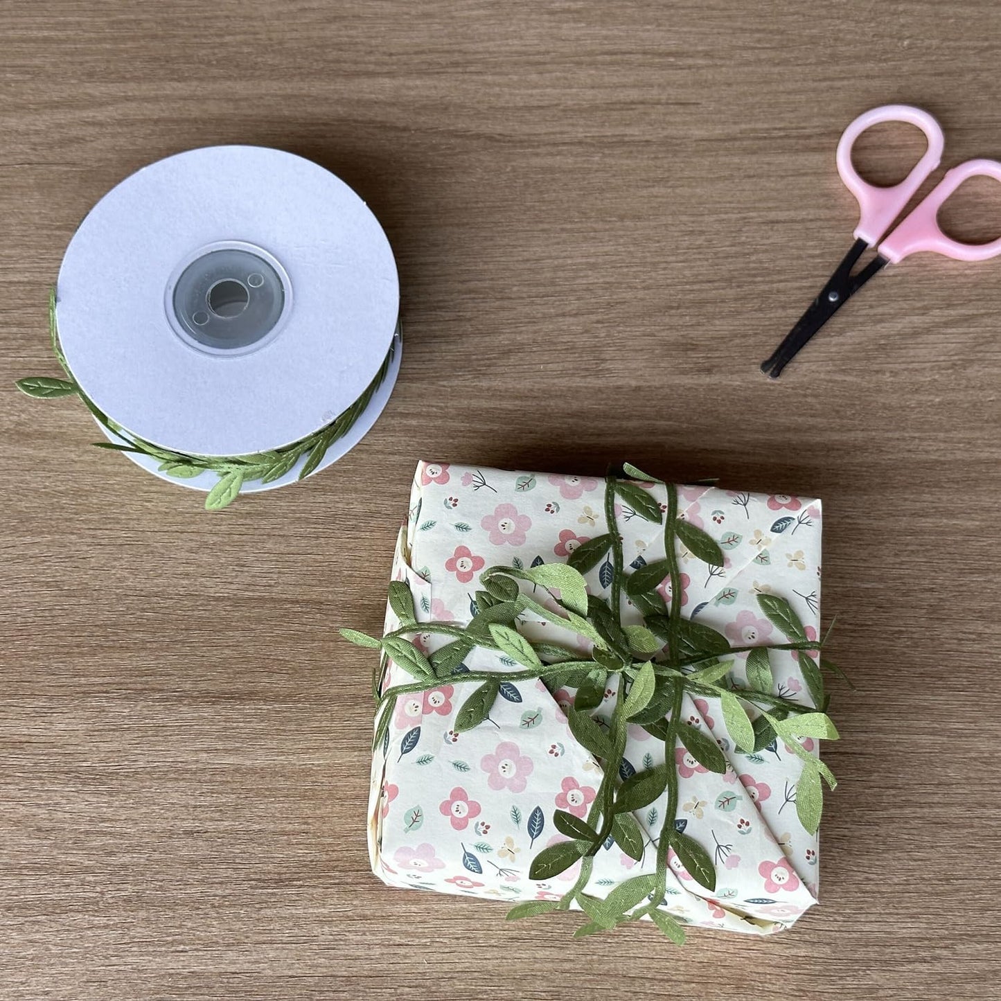 BASOKAN 100 Yards - Olive Green Leaves Leaf Ribbon Trim Rope for Garland DIY Crafts and Party Wedding Home Decorations