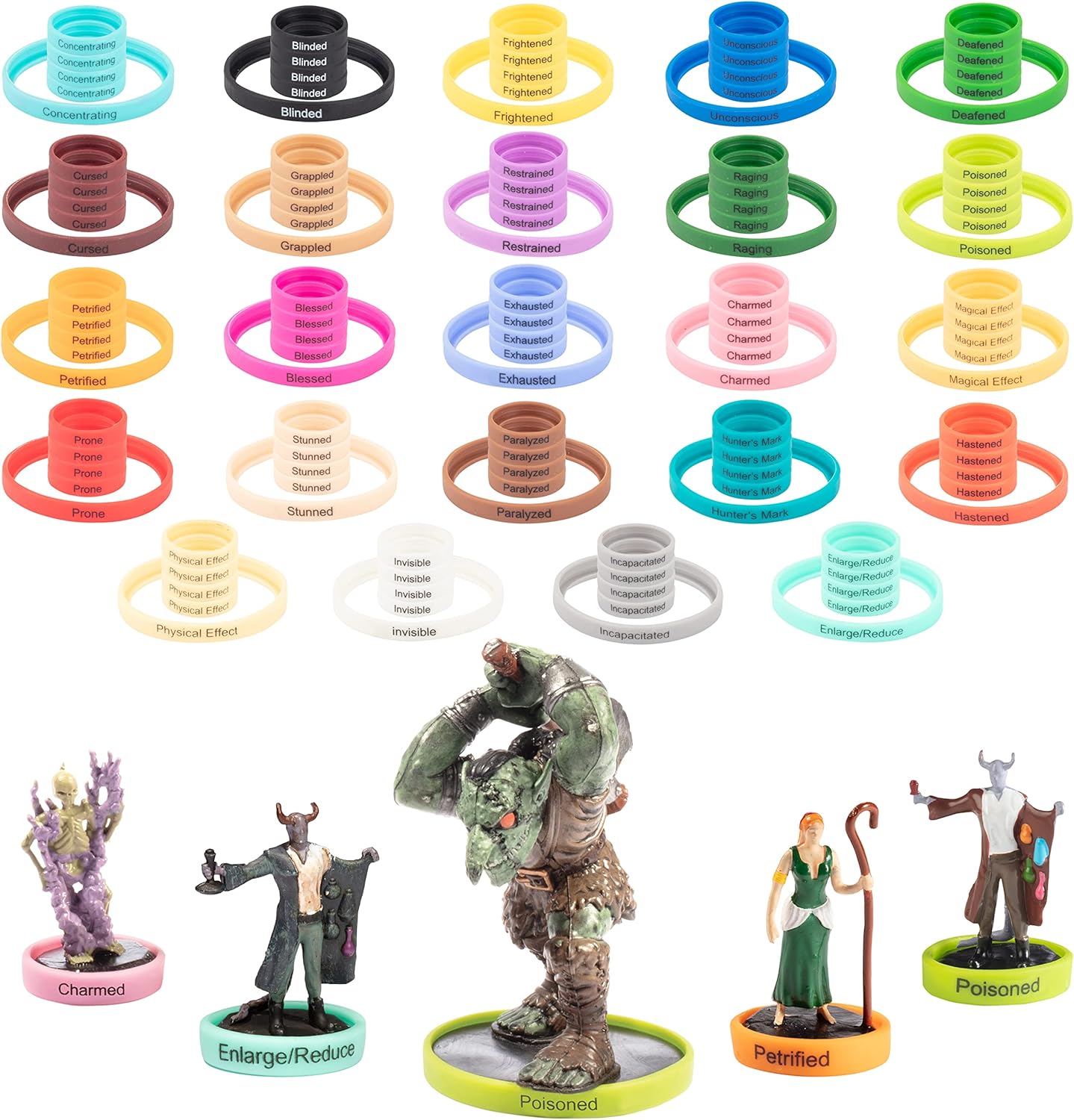 Flexible Condition Rings Status Effect Markers (120 Rings for Standard & Large)- 24 Different Conditions DND Flexible Design- Easy Affix Base Slides Under Figure- Compatible w Pathfinder & RPG Games