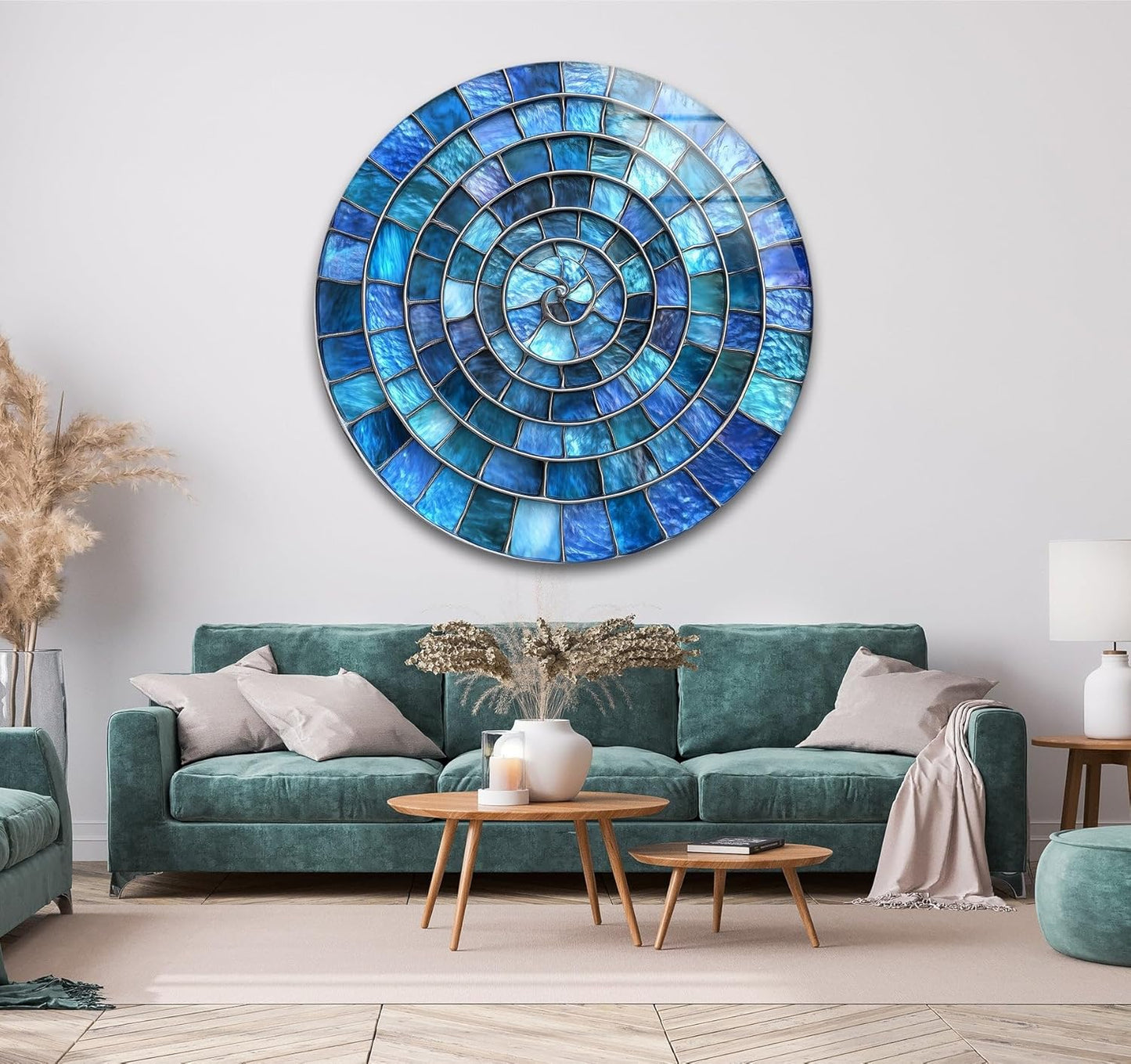 My Photostation.com 39,4''(100cm) Diameter Blue Aqua Spiral Harmony Round Glass Wall Art Tempered Glass Printing Wall Decor Large Wall Art Wall Hangings