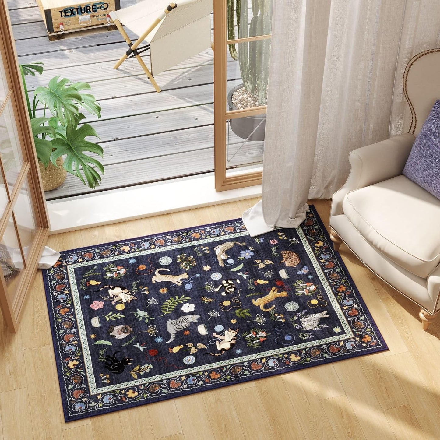 Rugcomf Door Mat Indoor Entrance 2x3 Rug Machine Washable Boho Floral Animal Cat Small Area Rug Non-Slip Low Pile Throw Rugs for Entryway Kitchen Front Door Entry Kids Room, Cobalt Blue