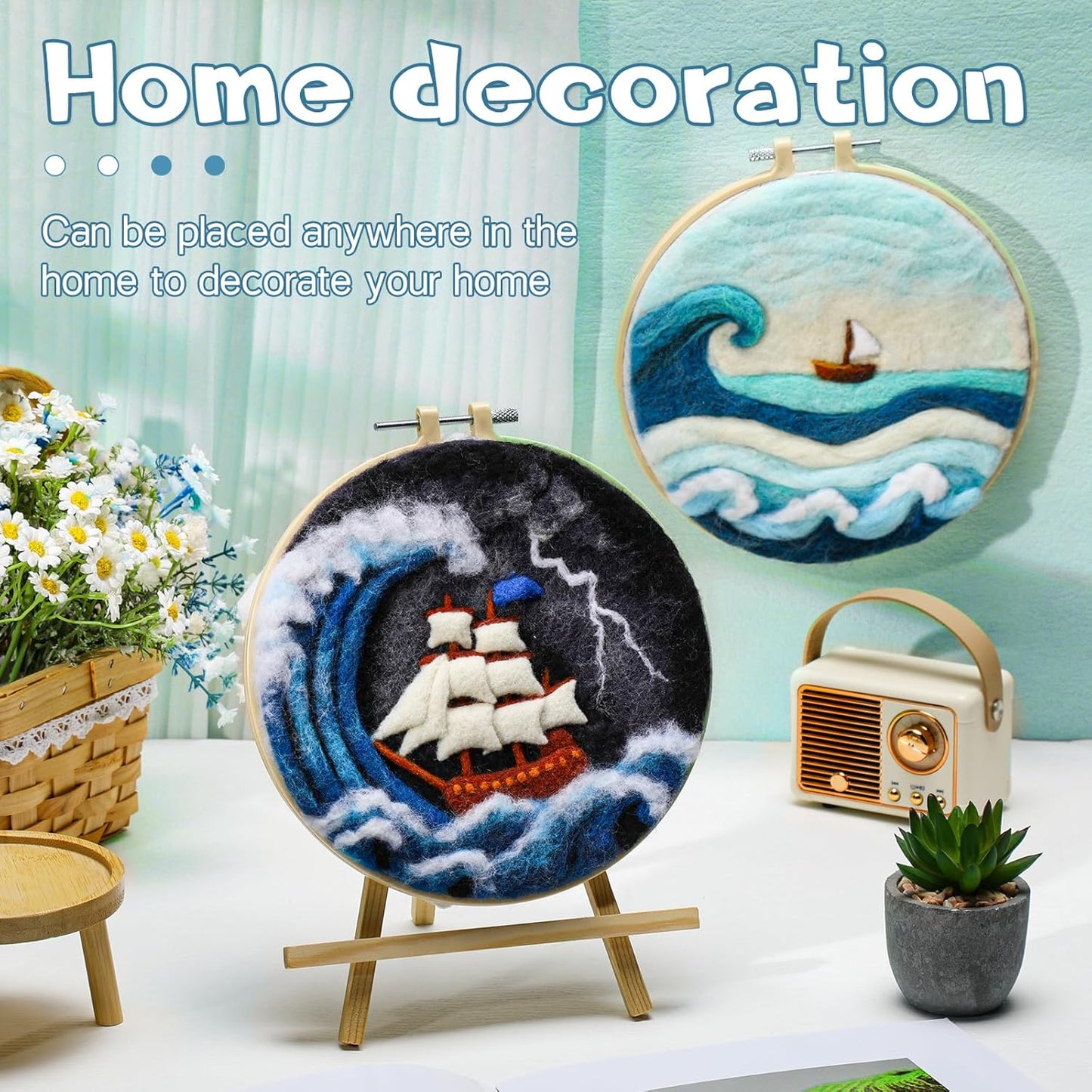 QMNNMA Needle Felting Kits, Wool Felting Kit with Picture Frame, Foam Pad, Felt Cloth, and Instructions, Needle Felt Painting Kit for Home Decoration (Sea Waves and Sailboats)