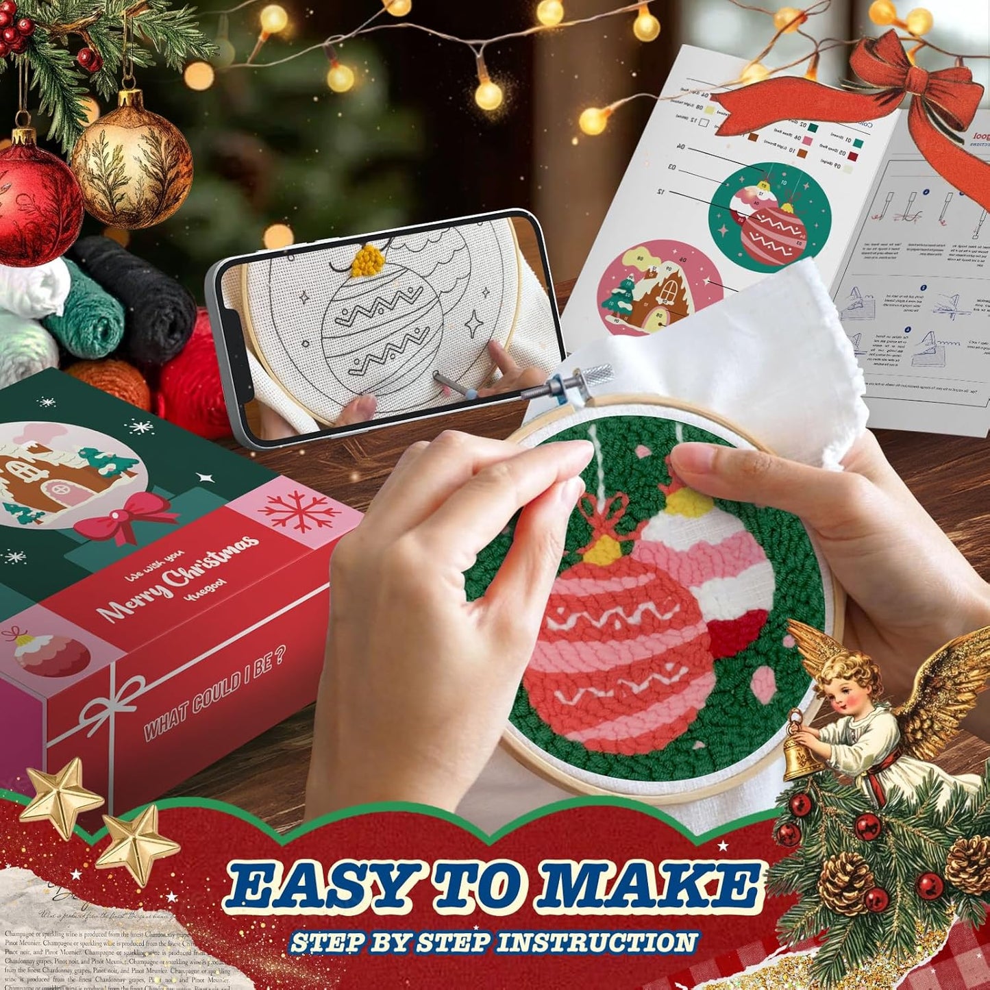 yuegool 2PCS Christmas Punch Needle Decoration Kit,Easy DIY Punch Needle Embroidery Kit for Beginners Adults Kids Including Patterns, Tools, Yarns, Hoop, Instruction, Bracket Art Craft Supplies