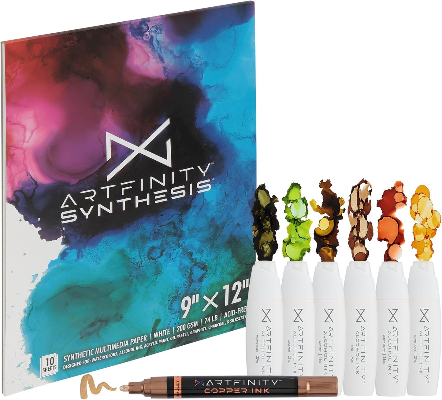 Alcohol Ink - Earth Tones Set, 8 Pieces | 10 Sheets 9x12 Multimedia Paper | Fast-Drying, Permanent, Transparent Alcohol Inks for Gloss Paper, Glass, Metal | 25 ml Bottles | Copper Ink Pen